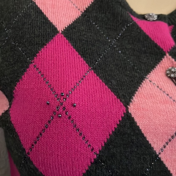 Used Cardigan knit Sweater New York &Company Gray and Pink Plaid - Picture 7 of 13